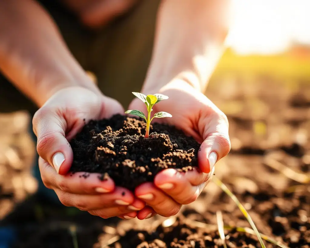 Hands holding rich soil and a small seedling